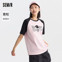 森马（Semir）[商场同款]森马短袖T恤女中长款宽松2024新款插肩袖字母撞色夏装 白