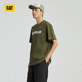 CAT卡特24春夏男撞色设计logo印花短袖T恤 暗绿色 S
