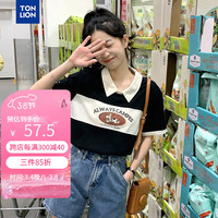 唐狮 TONLION夏季女拼色前胸图案短袖poloWP 黑色 S