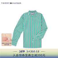 TOMMY HILFIGER24春季女装纯棉休闲条纹刺绣宽松长袖衬衫WW0WW41854 绿白条纹0CD 34 （S）