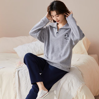 韩彩睡衣女秋季长袖简约休闲女可外穿女士家居服套装 麻灰 XL 
