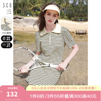 三彩2023夏季新款运动风休闲条纹短裙Polo领泡泡袖连衣裙女 黑白 1