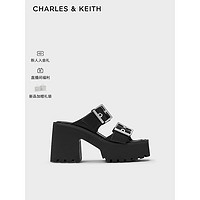 CHARLES&KEITH24春方头厚底铆钉皮带高跟拖鞋女CK1-80580147 Black黑色 38
