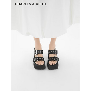 CHARLES&KEITH24春方头厚底铆钉皮带高跟拖鞋女CK1-80580147 Black黑色 38