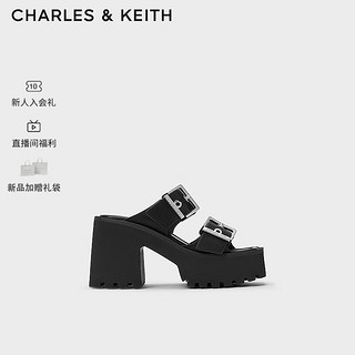 CHARLES&KEITH24春方头厚底铆钉皮带高跟拖鞋女CK1-80580147 Black黑色 35