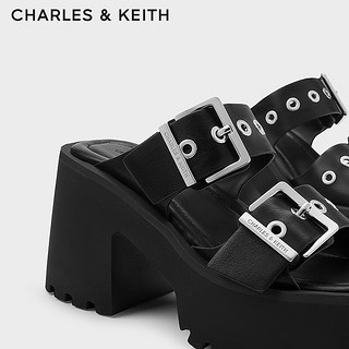 CHARLES&KEITH24春方头厚底铆钉皮带高跟拖鞋女CK1-80580147 Black黑色 35