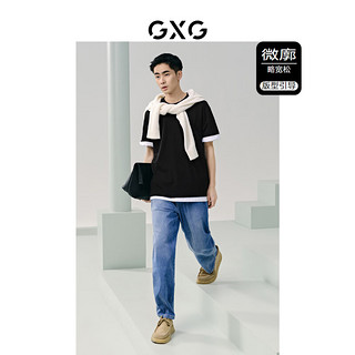 GXG 男装 双色含桑蚕丝分割设计圆领短袖T恤男士上衣 24年夏 黑色 170/M