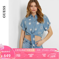GUESS24年春季女士镂空花纹收腰系带短衬衫上衣-W4GH34D5CD1 ZULU-牛仔蓝色 XS