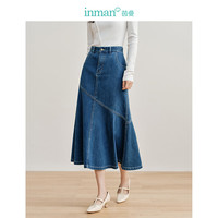 茵曼法式牛仔拼接鱼尾裙2024春女装中高腰半身裙 深牛仔蓝 S