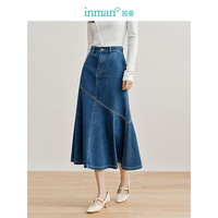茵曼法式牛仔拼接鱼尾裙2024春女装中高腰半身裙 深牛仔蓝 M