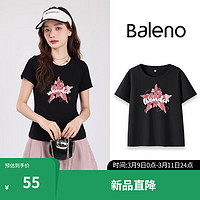 Baleno 班尼路 短袖t恤女美式复古上衣设计感小众2024夏季修身女装潮 黑-星星拼贴 M