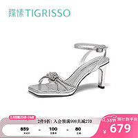 蹀愫（tigrisso）夏时尚水钻方头粗跟防水台高跟一字带凉鞋女TA43302-12 银色皱羊皮革 39