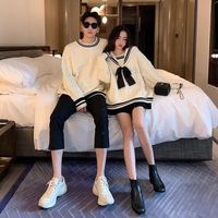 NUKM 装秋冬新学院风韩版一男一女宽松大码JK制服毛衣套裙装 白色女装上衣加黑裙套 L_(110-130)