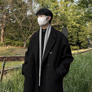 OEMG 韩系高级感毛呢大衣男女秋冬季中长款黑色慵懒风衣纯色上衣外套 黑色 XL