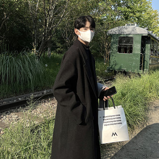 OEMG 韩系高级感毛呢大衣男女秋冬季中长款黑色慵懒风衣纯色上衣外套 黑色 XL
