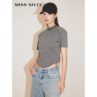 MISS SIXTY2024春季短袖T恤女半高圆领鱼骨拼接纯色短款显瘦 深灰 M