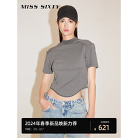 MISS SIXTY2024春季短袖T恤女半高圆领鱼骨拼接纯色短款显瘦 深灰 S