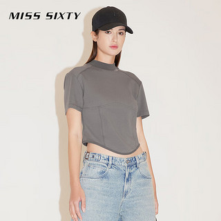 MISS SIXTY2024春季短袖T恤女半高圆领鱼骨拼接纯色短款显瘦 深灰 XS