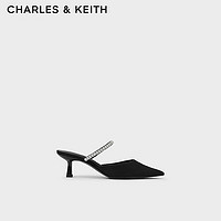 CHARLES&KEITH24春亮钻一字带尖头高跟穆勒拖鞋CK1-60920353 BLACK TEXTURED黑色纹理 37