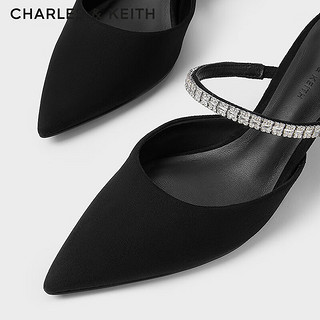 CHARLES&KEITH24春亮钻一字带尖头高跟穆勒拖鞋CK1-60920353 BLACK TEXTURED黑色纹理 37