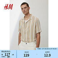 H&M男装衬衫2024春季悠闲海边沙滩短袖上衣0656677 米色/白色条纹 175/108A