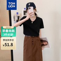 唐狮 TONLION夏季新款女净色休闲V领中短袖T恤TB