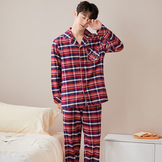 韩彩睡衣秋冬纯棉长袖长裤开襟家居服套装 红色格子(男） 3XL