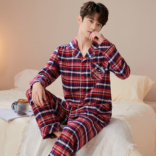 韩彩睡衣秋冬纯棉长袖长裤开襟家居服套装 红色格子(男） 3XL