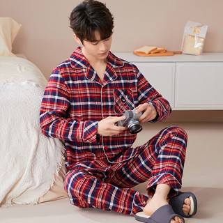 韩彩睡衣秋冬纯棉长袖长裤开襟家居服套装 红色格子(男） 3XL