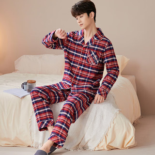 韩彩睡衣秋冬纯棉长袖长裤开襟家居服套装 红色格子(男） 3XL