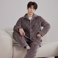 韩彩 睡衣男夹棉冬季加绒加厚三层保暖可外穿男士家居服套装 卡其 3XL