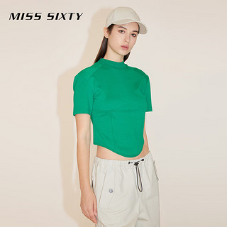 MISS SIXTY2024春季短袖T恤女半高圆领鱼骨拼接纯色短款显瘦 绿色 XS