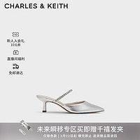 CHARLES&KEITH24春亮钻一字带尖头高跟穆勒拖鞋CK1-60920353 Silver银色 36