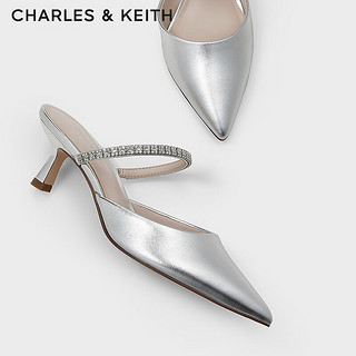 CHARLES&KEITH24春亮钻一字带尖头高跟穆勒拖鞋CK1-60920353 Silver银色 36