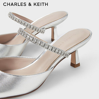 CHARLES&KEITH24春亮钻一字带尖头高跟穆勒拖鞋CK1-60920353 Silver银色 36