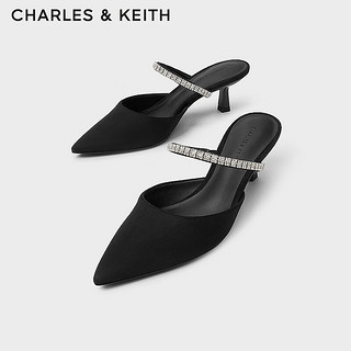 CHARLES&KEITH24春亮钻一字带尖头高跟穆勒拖鞋CK1-60920353 BLACK TEXTURED黑色纹理 40