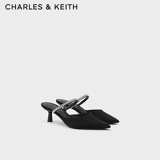 CHARLES&KEITH24春亮钻一字带尖头高跟穆勒拖鞋CK1-60920353 BLACK TEXTURED黑色纹理 39