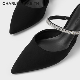 CHARLES&KEITH24春亮钻一字带尖头高跟穆勒拖鞋CK1-60920353 BLACK TEXTURED黑色纹理 39