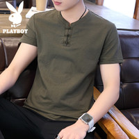 花花公子（PLAYBOY）短袖T恤男夏季男士潮流V领半袖棉麻衣服中国风男装