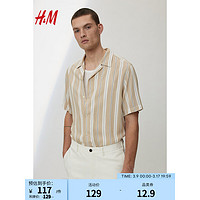 H&M男装衬衫2024春季悠闲海边沙滩短袖上衣0656677 米色/白色条纹 170/92A
