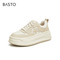 百思图商场星星运动板鞋熊猫鞋松糕厚底休闲面包鞋TC201CM3Z 杏色/米白色 20天 35