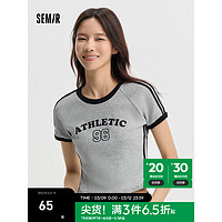 森马（Semir）短袖T恤女短款紧身刺绣撞色2024夏季运动风插肩袖套头衫 中花灰00510 165/88A/L