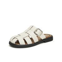 天美意2024夏一脚蹬包头猪笼织复古女罗马拖鞋KT043BT4 米白 34