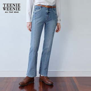 Teenie Weenie小熊女装2024春装高腰牛仔裤时髦微喇牛仔长裤子 中蓝色 1