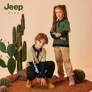Jeep童装儿童卫衣拼接男女童潮流POLO衫中大童长袖T恤 浅卡其 160cm