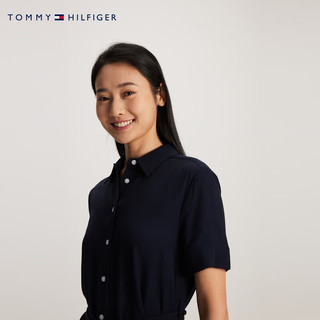 TOMMY HILFIGER【清爽条纹】24春夏女装系带斜纹中长宽松衬衫连衣裙42035 藏青色DW5 32
