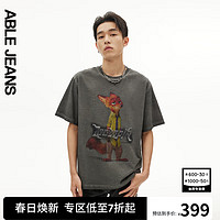 ABLE JEANS24夏季疯狂动物城复古印绣花宽松T恤短袖男781426 矿石灰 M