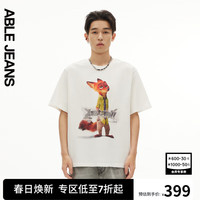 ABLE JEANS24夏季疯狂动物城复古印绣花宽松T恤短袖男781426 象牙白 M