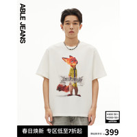 ABLE JEANS24夏季疯狂动物城复古印绣花宽松T恤短袖男781426 象牙白 XL