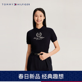 TOMMY HILFIGER24春季女装时尚签名刺绣后纽扣合身版短袖POLO衫41760 藏青色DW5 XS